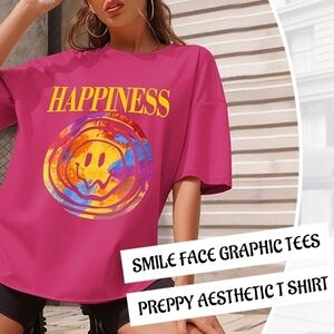 SHEIN Pink Short Sleeve Tee with Yellow 'HAPPINESS' & Multicolor Smile Graphic
